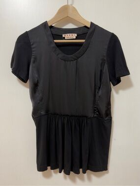 Marni Satin Peplum Hem Short Sleeve Blouse Top Womens 38 Black Italy